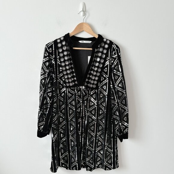 Zara Velvet Embroidered Sequin Short Dress NWT Black Silver Size Small - Picture 8 of 14